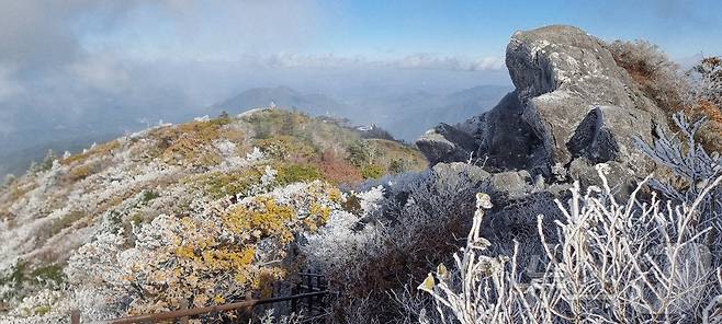 28일 아침 06시 40분 전북 무주군 덕유산 설천봉이 영하로 떨어지면서 상고대가 피었다..(덕유산사무소 제공. 재판매 및 DB금지)2025.10.28/뉴스1 ⓒ News1 김동규 기자