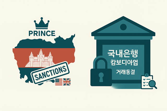 미국과 영국의 프린스그룹 제재가 촉발한 프린스뱅크 뱅크런, 국내 은행 현지법인의 프린스 계열 예치금 동결이 맞물리며 한국 시중은행의 캄보디아 사업 리스크가 부각되고 있다. /챗GPT 생성이미지