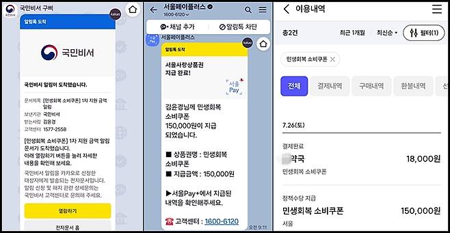'민생회복 소비쿠폰' 지급 완료 알림이 왔고 사용 후 즉시 확인할 수 있었다. (출처 = 국민비서 앱, 서울페이 앱)