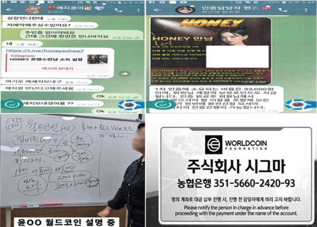 충남경찰청이 28일 공개한 피싱 조직의 범행 증거자료. 오른쪽 위부터 반시계 방향으로 텔레그램 'HONEY' 채널 대화, 로맨스 만남을 빙자한 인증비 송금 요구 메시지, '월드코인 투자' 명목의 자금 구조 설명 장면, 피해자 송금을 유도한 '주식회사 시그마' 명의 가상 계좌. 충남경찰청 제공