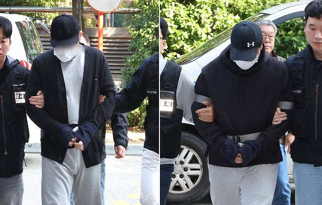 인천 아파트 지하 주차장에서 유명 유튜버를 납치하고 살해하려 한 남성 2명이 29일 인천 미추홀구 인천지방법원에서 열린 구속 전 피의자 심문(영장실질심사)에 출석하고 있다./연합뉴스