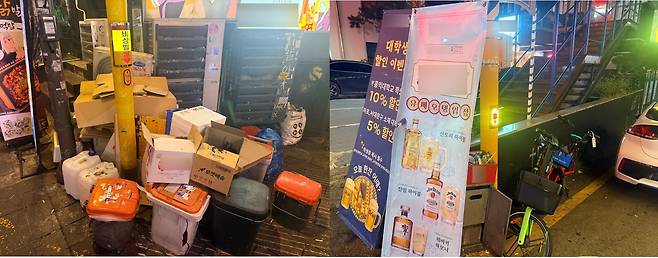 27일 오후 11시 서울 용산구 이태원동 거리 비상벨이 쓰레기에 둘러싸여 있다(좌). 28일 오후 11시 서울 마포구 홍익대 인근 비상벨도 같은 상황이다. /이호준 기자