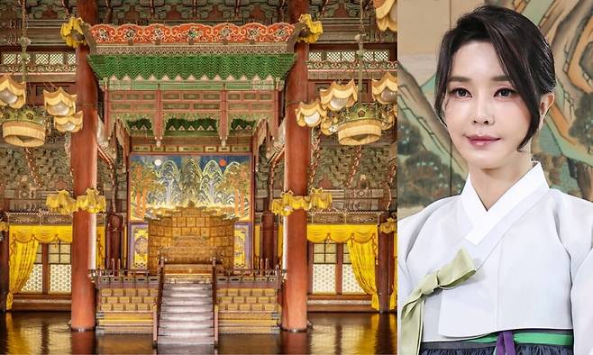 창덕궁 인정전 내부와 김건희 여사. 궁능유적본부 누리집 갈무리, 대통령실 제공