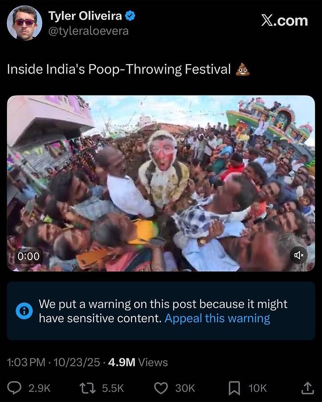 [뉴시스]미국의 유명 유튜버인 타일러 올리베이라가 인도의 한 마을에서 열리는 '고레하바' 축제에 참여한 모습이다. (사진 = X 캡처) *재판매 및 DB 금지