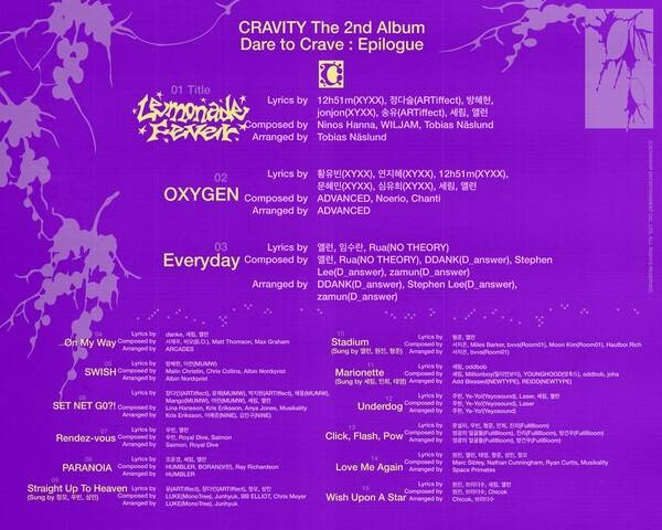 ▲ 오는 11월 10일 발표되는 크래비티 두번째 정규앨범의 에필로그 앨범 '데어 투 크레이브 : 에필로그' 트랙리스트. 제공|스타쉽엔터테인먼트
