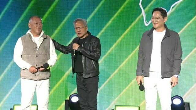 30일 밤 지포스 게이머 페스티벌 현장을 찾은 정의선 현대차그룹 회장, 젠슨 황 엔비디아 CEO, 이재용 삼성전자 회장. (사진=유튜브 갈무리)