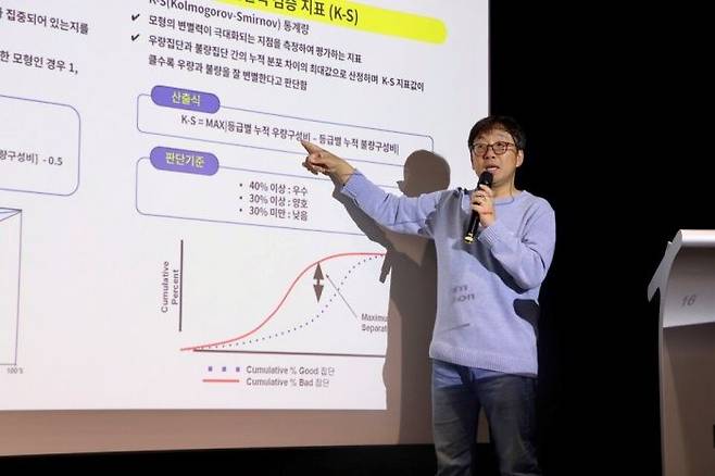 조진현 카카오뱅크 신용리스크모델링팀장이 29일 서울 카카오뱅크 여의도 오피스에서 열린 '카뱅커넥트' 행사에서 자체 개발한 신용평가모형 '카카오뱅크스코어'를 설명하고 있다. ⓒ카카오뱅크