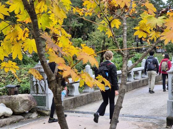 Hikers enjoy the autumn foliage at its peak in Seoraksan National Park in Sokcho, Gangwon, on Oct. 23. [NEWS1]
