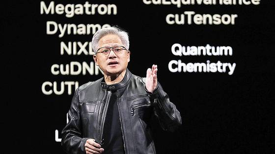 Nvidia CEO Jensen Huang speaks at Computex 2025 in Taipei, Taiwan, on Oct. 19. [AP/YONHAP]
