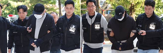 인천 송도 한 아파트 지하 주차장에서 게임 유튜버 ‘수탉’을 납치해 살해하려 한 혐의를 받는 남성 2명이 29일 구속 전 피의자 심문(영장실질심사)을 받기 위해  인천지법에 출석하고 있다. <연합뉴스>