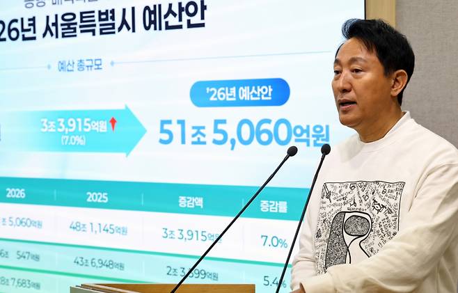 오세훈 서울시장이 30일 서울 중구 서울시청에서 2026년 서울특별시 예산안 관련 브리핑을 하고 있다./사진=뉴시스