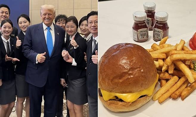 경주 힐튼호텔 직원들과 기념촬영하는 트럼프 대통령. 오른쪽은 트럼프 대통령에게 제공된 치즈버거와 케첩 3통을 재현한 모습. 경주힐튼호텔 제공
