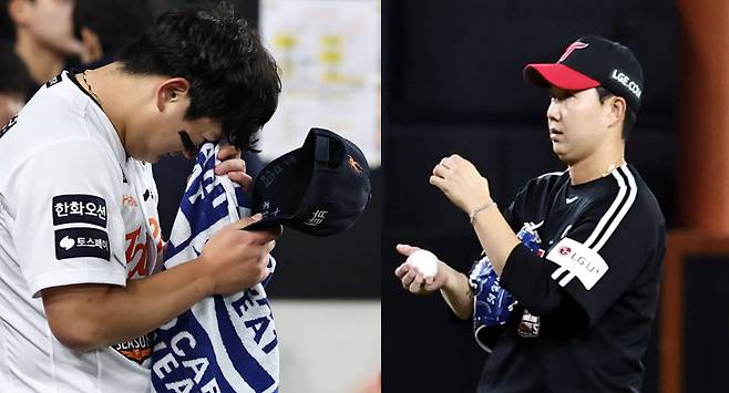 29일 대전에서 열린 한국시리즈 3차전에서 LG 유영찬(오른쪽)과 한화 김서현의 마무리 희비가 엇갈렸다. 연합뉴스