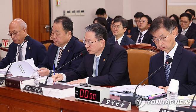 답변하는 정성호 법무부 장관 (서울=연합뉴스) 박동주 기자 = 정성호 법무부 장관이 30일 서울 여의도 국회 법제사법위원회에서 열린 종합감사에서 답변하고 있다. 2025.10.30 pdj6635@yna.co.kr