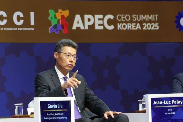 가빈 리우 웨스팅하우스 아시아지역 대표가 31일 오전 경북 경주시 예술의전당에서 열린 아시아태평양경제협력체(APEC) 최고경영자(CEO) 서밋(Summit)에서 'AI 시대 에너지 수요 증가와 지속가능 미래 차세대 원자력의 역할'를 주제로 발언하고 있다. 경주=정다빈 기자