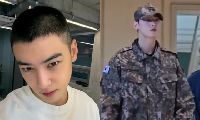 군 복무 중인 가수 겸 배우 차은우가 10월 30일 경주 아시아태평양경제협력체(APEC) 행사에 참석한 모습이 포착됐다. 왼쪽 사진은 차은우가 부대에서 찍은 셀피 사진. 차은우 사회관계망서비스(SNS)·온라인 커뮤니티 캡처