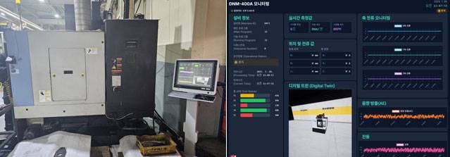 극동기계 생산라인에 설치된 인타운의 AI 기반 MCT(머시닝센터) 지능화 시스템. 센서가 공구의 진동·전류·음향 신호를 실시간 수집하고, AI 예지보전 모델이 설비 이상 징후를 사전 진단해 생산 중단을 예방한다. (사진 = 업체 제공)