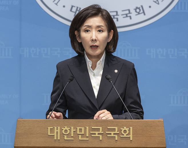 나경원 국민의힘 의원이 31일 국회에서 2025년도 법제사법위원회 국정감사 결산 기자회견을 하고 있다. ⓒ연합뉴스