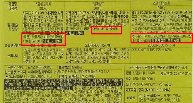 스팸에 적혀 있는 성분표기. 아질산나트륨이 눈에 띈다. 네이버 블로그