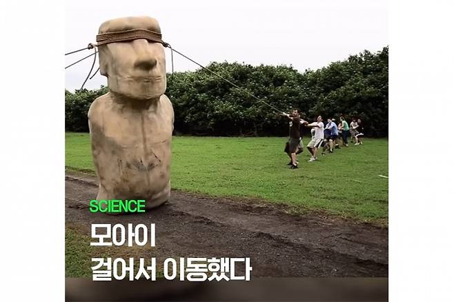 연구팀은 4.35톤짜리 모아이 복제품을 만들어 밧줄로 지그재그로 ‘걷게’ 하며 이동시킬 수 있음을 실험으로 입증했다.Carl Lipo 제공