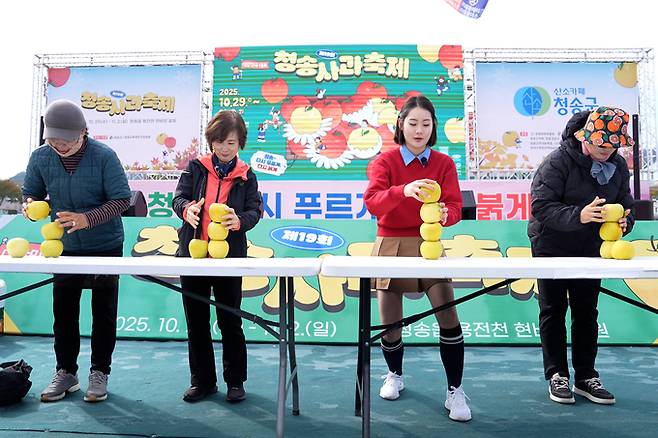 ▲ 2일 막을 내린 청송사과축제가 50여 만명의 구름인파를 불러모아 지난 봄 산불로 어려움을 겪고있는 청송지역 경제에 모처럼 활력을 불러일으키고 있다. 사진은 행사 기간중 진행된 사과올림픽 3종 중 사과탑쌓기 게임