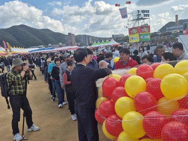 청송사과축제 황금사과를 찾아라 프로그램에 참가자들이 윤경희 군수가 나눠주는 풍선을 받기 위해 200m에 이르는 줄을 서서 기다리는 광경. 임경성 기자