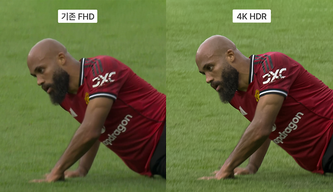 기존 FHD 화질 중계 화면(왼쪽)과 쿠팡플레이가 지원하는 4K 중계 화면. 쿠팡플레이 제공