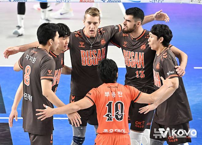 [서울=뉴시스] 남자배구 OK저축은행 선수들이 2일 천안유관순체육관에서 열린 진에어 2025~2026 V-리그 남자부 경기에서 현대캐피탈을 상대로 득점에 성공한 뒤 기뻐하고 있다. (사진=KOVO 제공) 2025.11.02.
