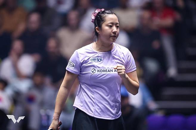 WTT 챔피언스 몽펠리에 경기에 나선 신유빈 [WTT 인스타그램 캡처. 재판매 및 DB 금지]
