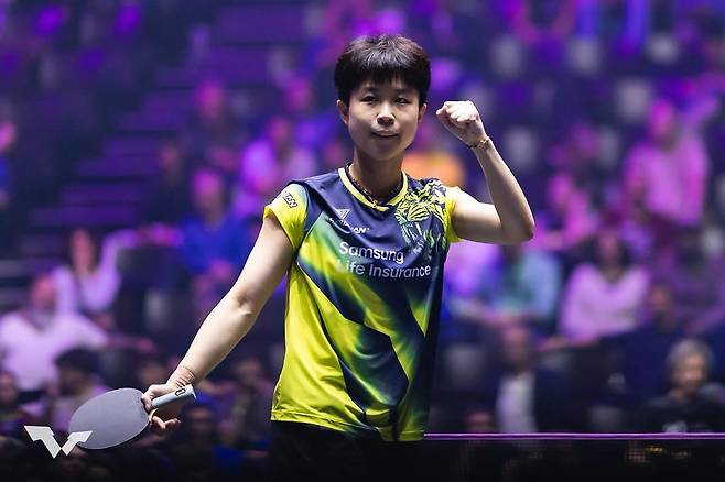 승리에 기뻐하는 주천희 [WTT 인스타그램 캡처. 재판매 및 DB 금지]