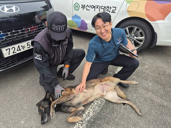 김세민 경위(오른쪽)가 지난달 30일 경북 경주 한화리조트 앞에 차려진 경찰견현장의료지원팀 활동 중 경북경찰청 소속 경찰견 ‘탐’을 쓰다듬고 있다. 경찰견종합훈련센터 제공