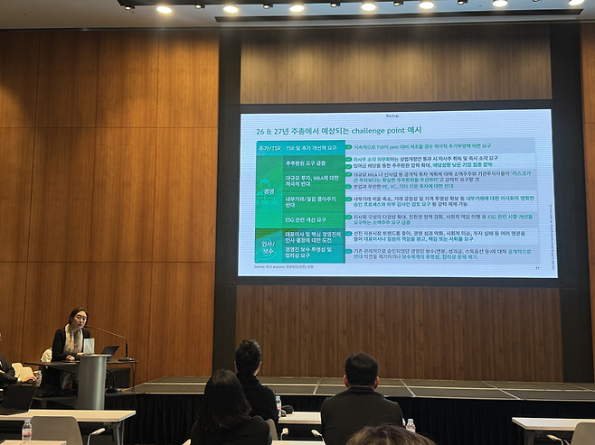 김서하 보스턴컨설팅그룹(BCG) MD파트너가 3일 서울 영등포구 IFC 빌딩에서 열린 ‘2026 주주총회 대비전략 합동포럼’에서 발표하고 있다. [우수민 기자]