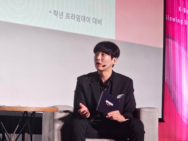 김병훈 에이피알 대표가 지난 9월 19일 서울 삼성동 코엑스에서 열린 '아마존 뷰티 인 서울 2025' 행사에서 발표하고 있다. /정재훤 기자