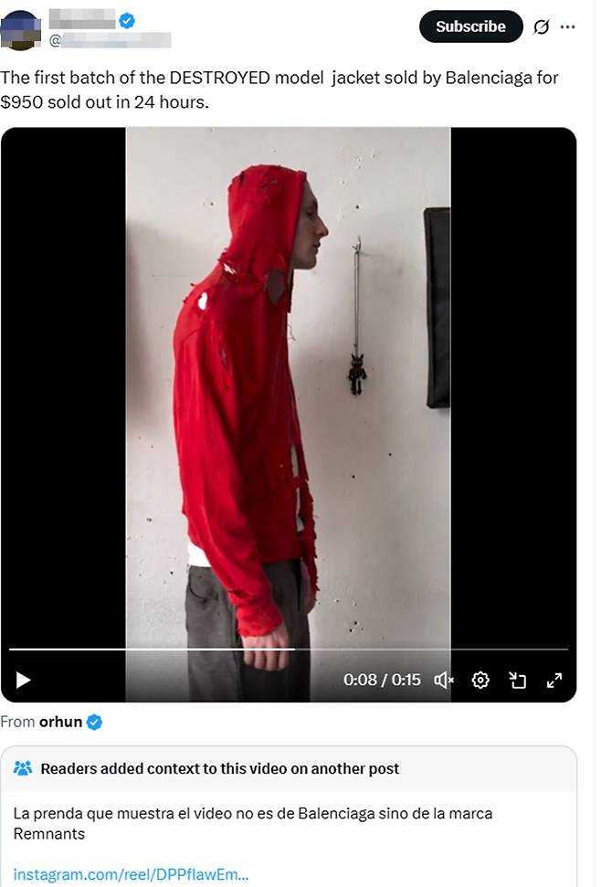 발렌시아가 제품이 24시간 만에 완판됐다고 주장한 영상 게시물. 다만 영상 속 옷은 발렌시아가가 아닌 타 브랜드 ‘렘넌츠(Remnants)’ 제품이다. 사진=X 갈무리