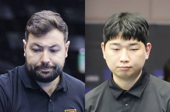 3일 광주광역시 빛고을체육관에서 열린 ‘2025 광주3쿠션월드컵’ 1차예선(PPPQ)에서 앙기타(왼쪽)와 김민석이 두 경기 평균 애버리지 2.608을 기록, 전체 1, 2위로 2차예선에 진출했다. (사진=SOOP, MK빌리어드뉴스)