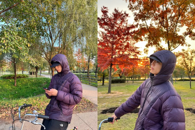박보검이 보라색 패딩을 입고 가을을 만끽하는 일상을 공개했다. / 박보검 인스타그램