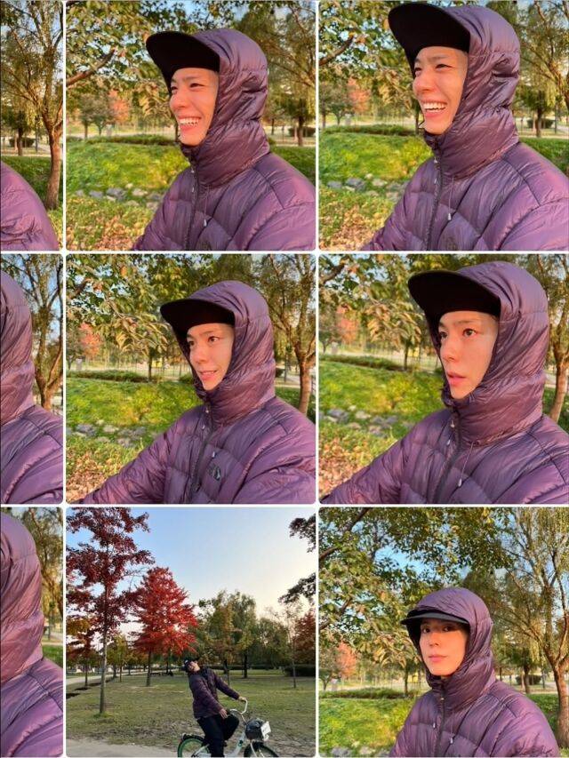 박보검이 보라색 패딩을 입고 가을을 만끽하는 일상을 공개했다. / 박보검 인스타그램