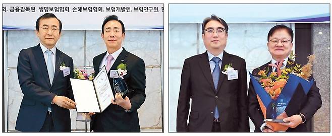 제30회 헤럴드보험대상 시상식에서 이세훈 금감원 수석부원장으로부터 금융감독원장상 대상을 수상한 조대규(왼쪽사진 오른쪽) 교보생명 대표와 김범기 금융위 상임위원으로부터 금융위원장상 대상을 수상 한 백송호(오른쪽사진 오른쪽) 삼성화재 기획실장(부사장) 이상섭 기자