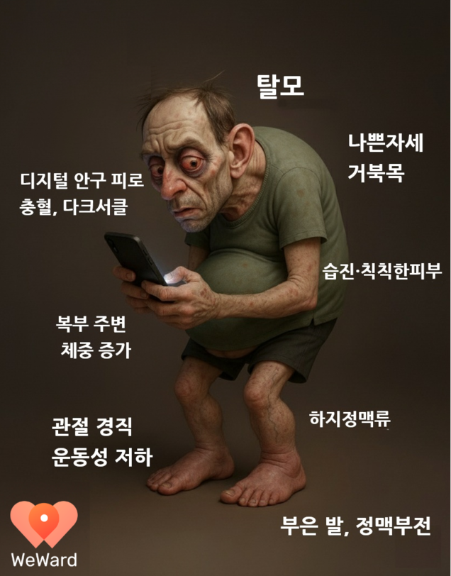 걸음 수 추적앱 위워드가 활동부족·스마트폰 중독 현대인의 25년 후 모습인 ‘샘’을 공개했다. 위워드