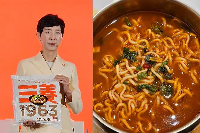 김정수 삼양식품 부회장이 3일 서울 중구 보코서울명동 호텔에서 열린 신제품 출시 발표회에서 우지 유탕으로 만든 ‘삼양1963’을 소개하고 있다.