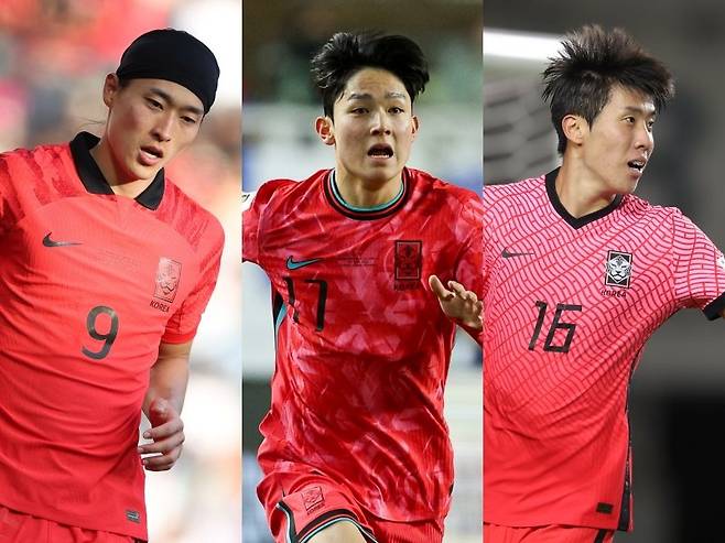 조규성, 양민혁, 권혁규(왼쪽부터)가 축구국가대표팀에 돌아왔다. 특히 조규성은 긴 부상을 극복하며 1년 8개월 만에 태극마크를 다시 달아 북중미월드컵을 향한 희망을 이어갔고 양민혁, 권혁규도 홍명보 감독의 확실한 눈도장을 찍기 위한 최상의 기회를 잡았다. 사진제공｜대한축구협회