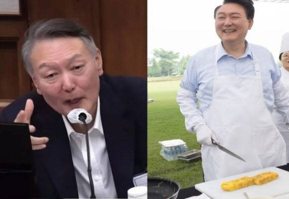 4일 서울중앙지법에서 열린 자신의 내란 우두머리 혐의 재판에서 곽종근 전 육군특수전사령관을 향해 반박하는 윤석열 전 대통령, 지난해 5월24일 윤 전 대통령이 서울 용산 대통령실 잔디마당에서 출입기자 간담회를 하며 계란말이를 만들고 있을 때의 모습. (사진=JTV 뉴스 유튜브 캡처, 대통령실 제공)