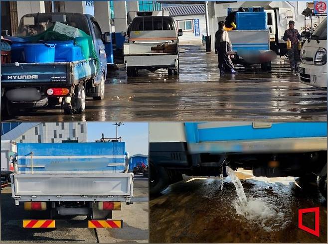 완도 일대를 오가는 활어차들이 해수를 도로에 무단 방류하면서 도로 훼손과 차량 부식 등 위험이 커지고 있다. 이준경 기자