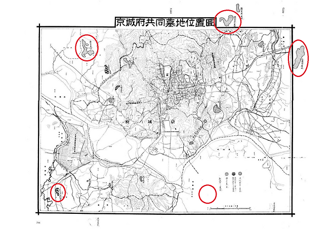 1939년 도시계획 추진 등을 이유로 경성부가 발표한 공동묘지 배치 계획도. 왼쪽 상단부터 시계 방향으로 빨간 원으로 표시된 곳은 공동묘지 구역으로 결정된 신사리, 미아리, 망우리, 언주면, 구로리 묘지 위치. 사진 출처 국가기록원