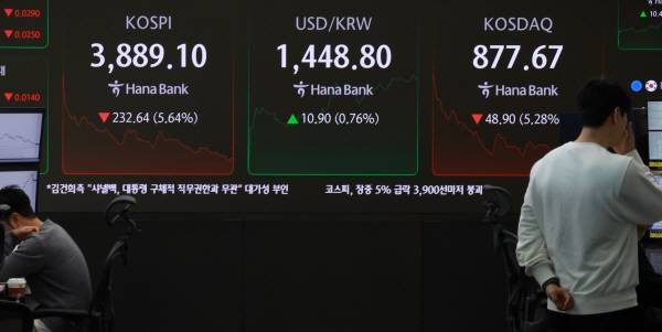 5일 서울 을지로 하나은행 본점 딜링룸 현황판에 코스피, 원/달러 환율, 코스닥 지수가 표시되고 있다. 연합뉴스