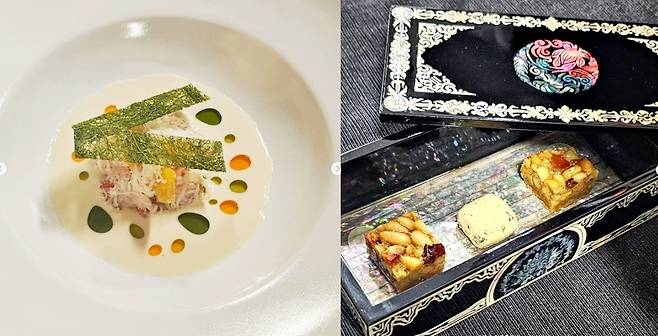 APEC 정상회의 환영 만찬에서 에드워드 리 총괄셰프는 잣 소스를 이용한 게살 샐러드와 잣 파이를 선보였다. [에드워드 리 SNS]