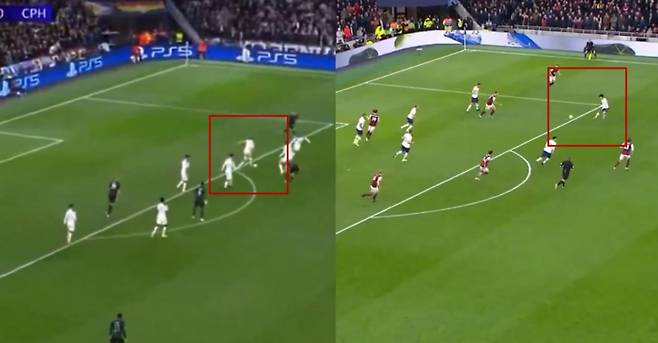 5일 토트넘 미키 판더펜의 코펜하겐전 득점 과정 영상(왼쪽)과 지난 2019년 손흥민의 번리전 득점 영상을 나란히 배치한 장면. /사진=풋볼 컨피덴셜 캡처
