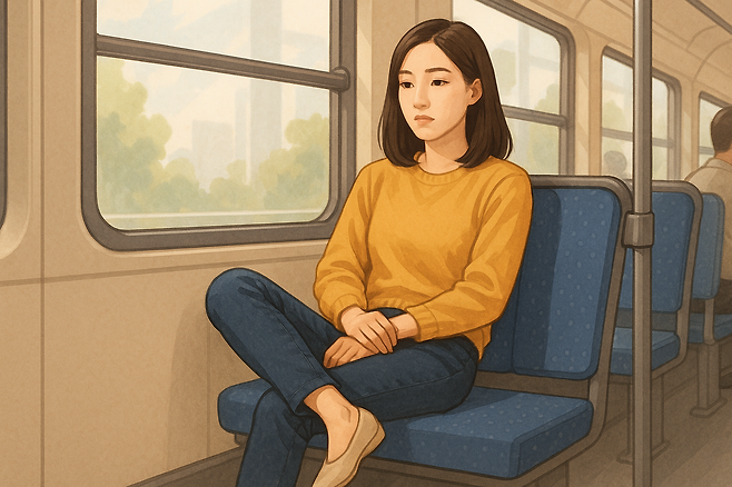 버스에서 다리를 꼬고 앉아 있는 여성