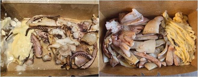 지난달 20일 한 온라인 커뮤니티에 올라온 오징어 철판구이(왼쪽)와 상인회가 직접 찍은 오징어철판구이.&nbsp;