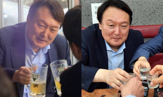 (왼쪽) 2021년 7월25일 윤석열 전 검찰총장이 서울 광진구의 한 음식점에서 이준석 당시 국민의힘 대표와 ‘치맥회동’을 하고 있다. (오른쪽) 윤석열 전 검찰총장이 2021년 7월27일 부산 서구에 있는 한 국밥집에서 국민의힘 부산 국회의원들과 식사하면서 소주잔을 부딪치고 있다. 공동취재사진, 부산사진공동취재단